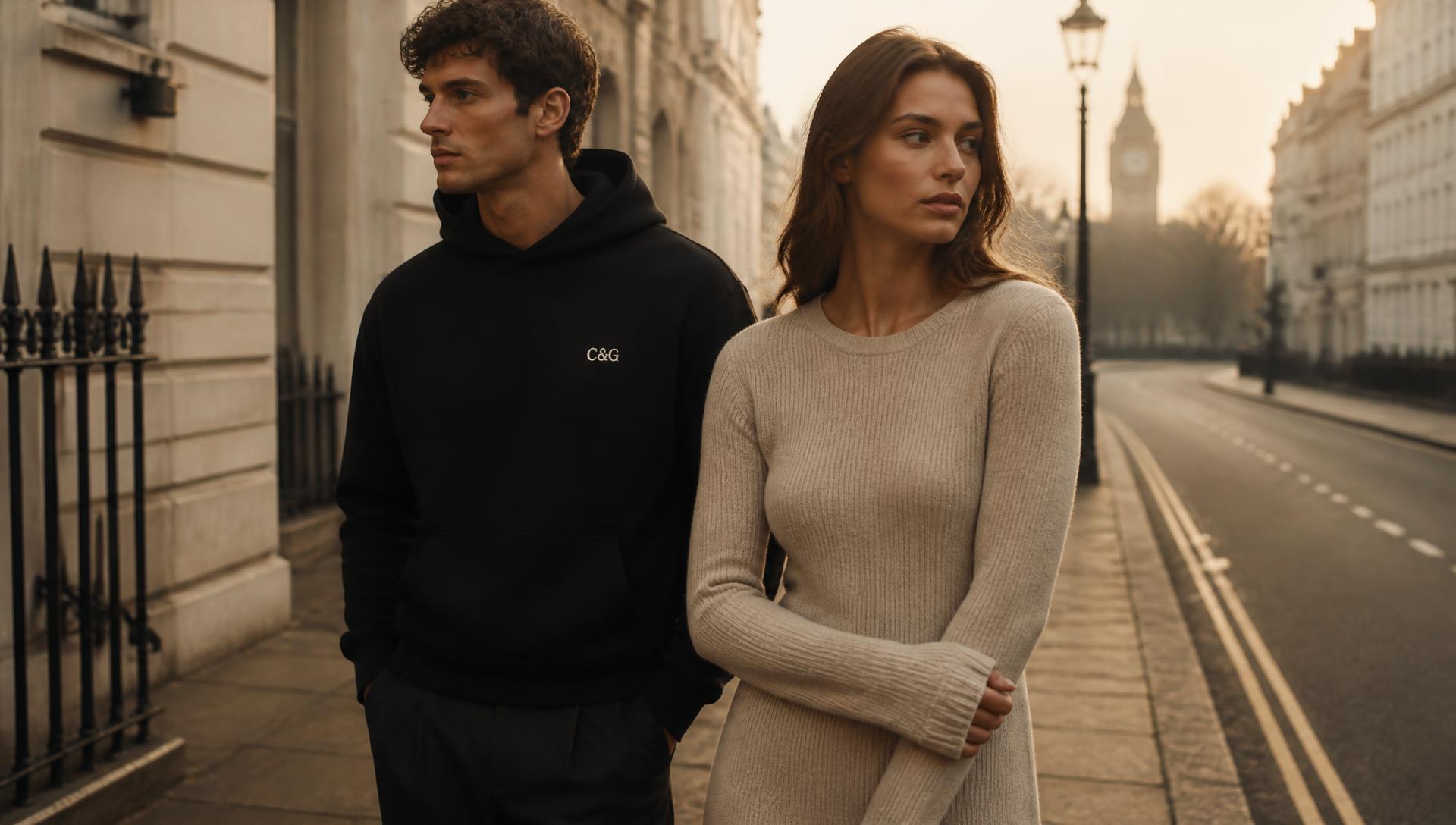 Two models in Cloth & Glitter knitwear and a glint-marked hooded sweatshirt on a London street at dawn