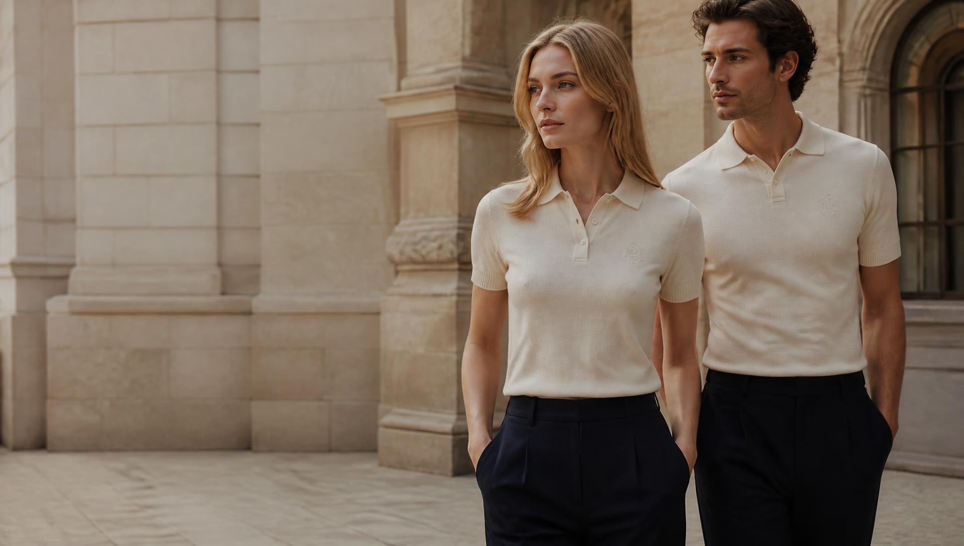 Model in an ivory Cloth & Glitter polo and navy trousers before pale London stone architecture