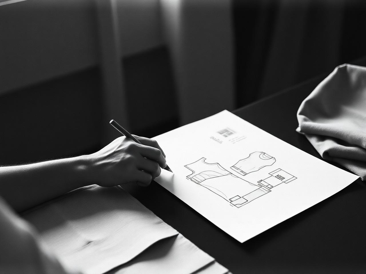 Hands sketching a garment pattern beside fabric swatches