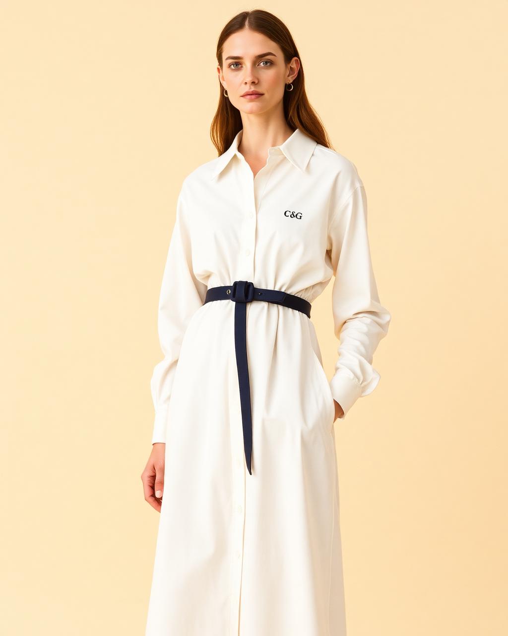 The Knightsbridge Shirt Dress — A long shirt dress with a supplied slim belt.